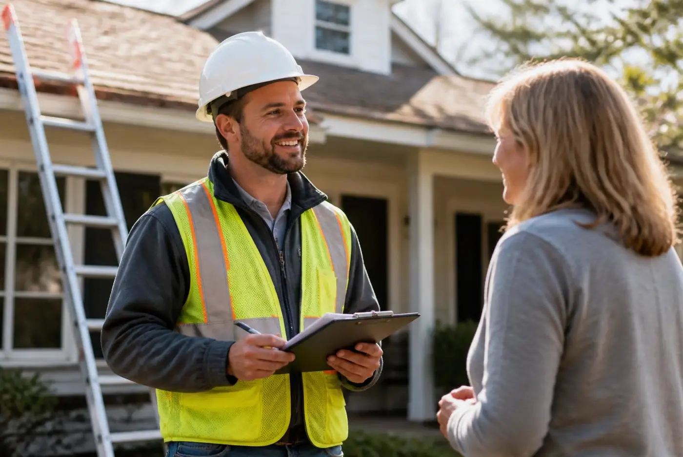Roofing contractor in a safety vest reviewing documented roof work with a homeowner outside a house