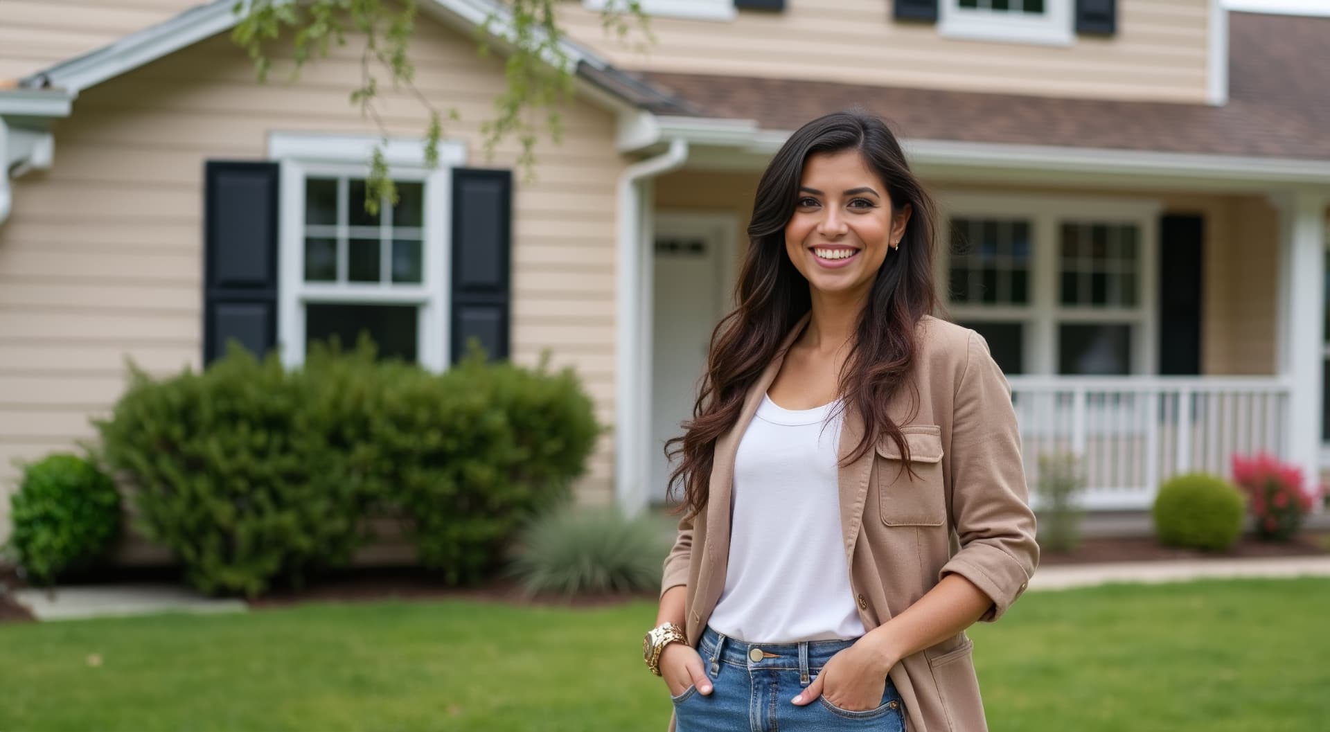 Homeowner standing in front of her house