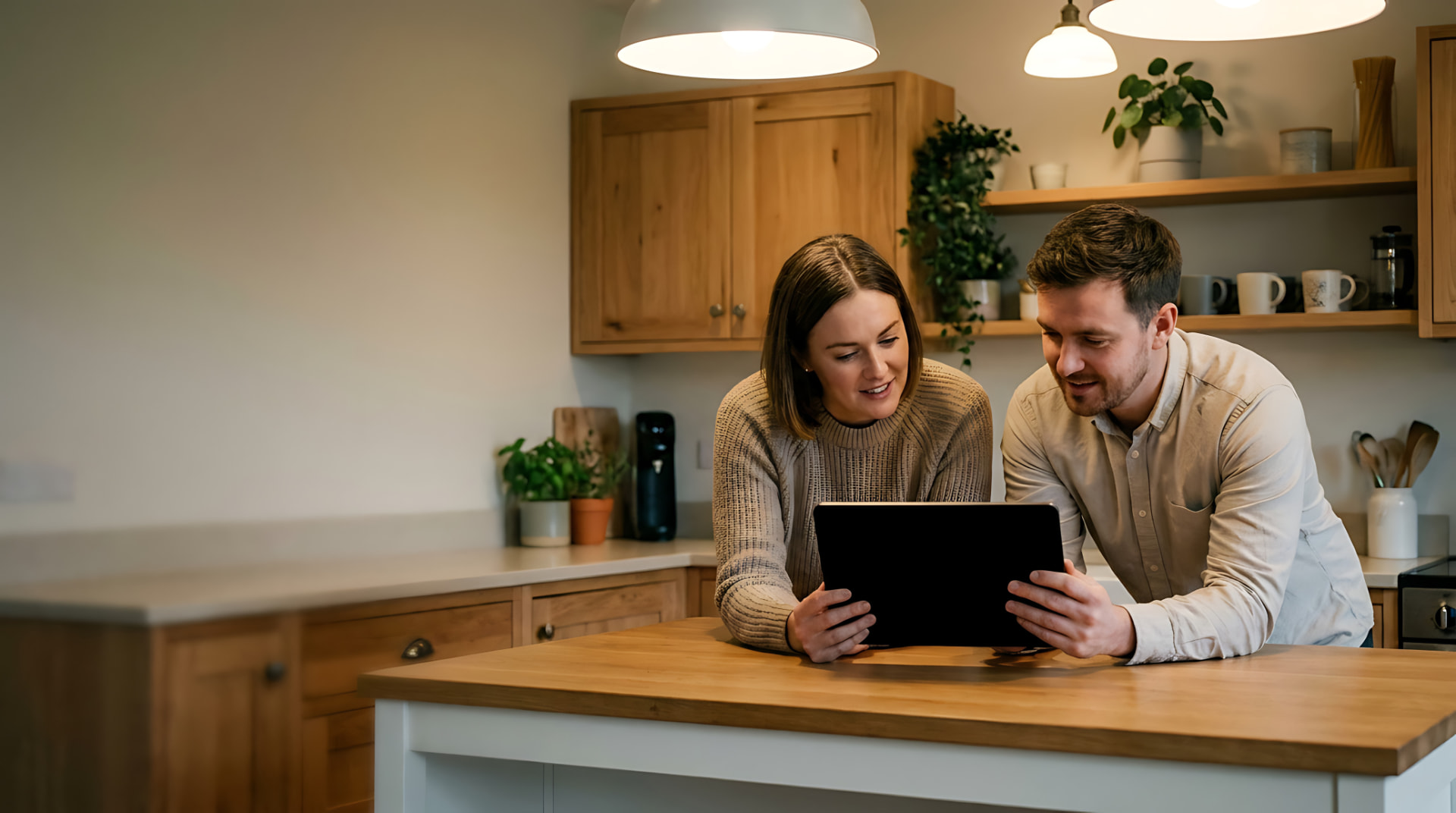 Couple reviewing roof information on a tablet at home