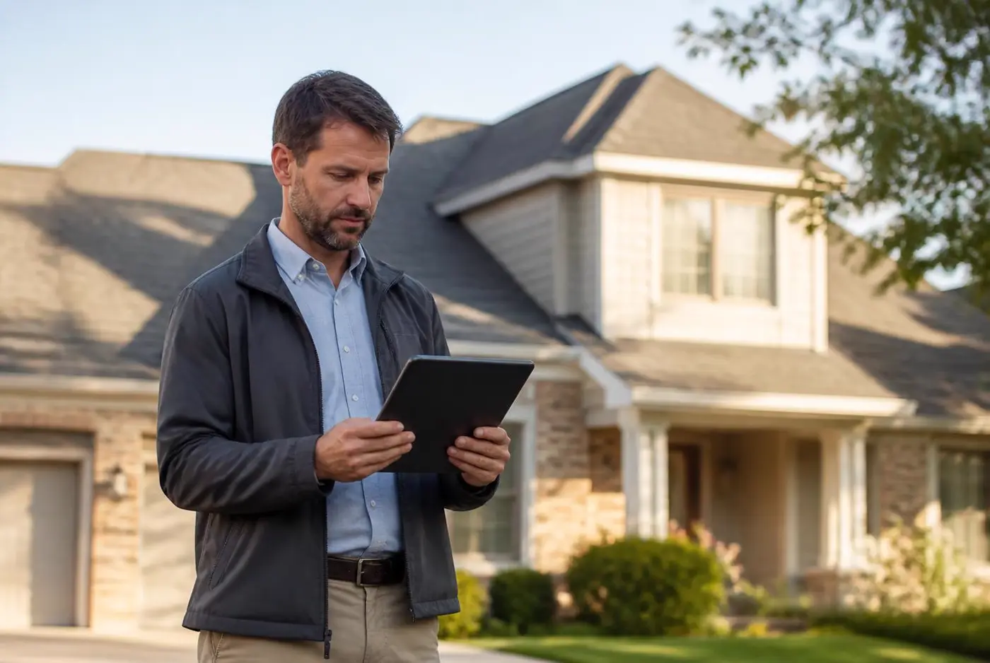 Insurance adjuster reviewing verified roof inspection documentation on a tablet outside a suburban home
